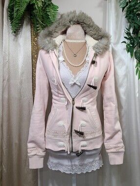 ♡ Y2K ♡ Aeropostale Baby Pink Faux Fur Trimmed Hood Furry Lining Babydoll Jacket